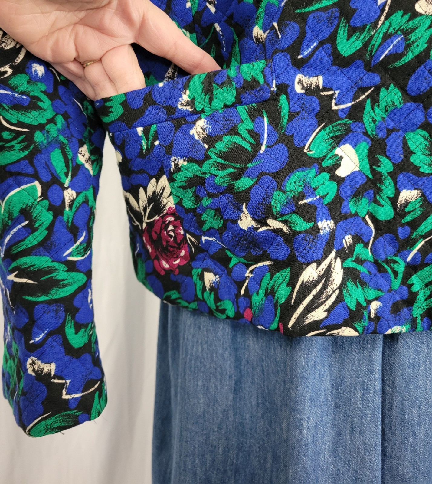 Vtg Stephen Douglas Ltd Blue & Green w Purple Flowers Quilted Jacket Size 14