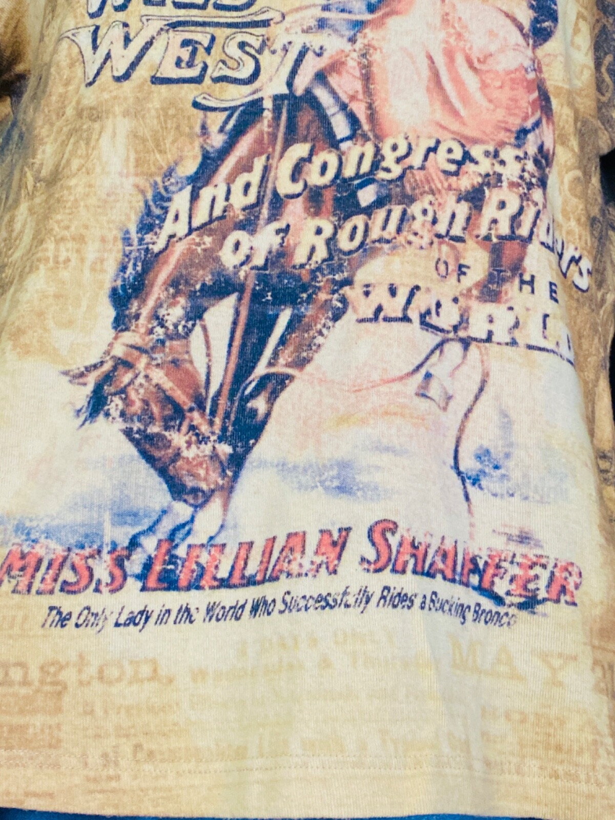 Vintage 1990s cowgirl Wild West shirt tan novelty print Victorian lady horse top