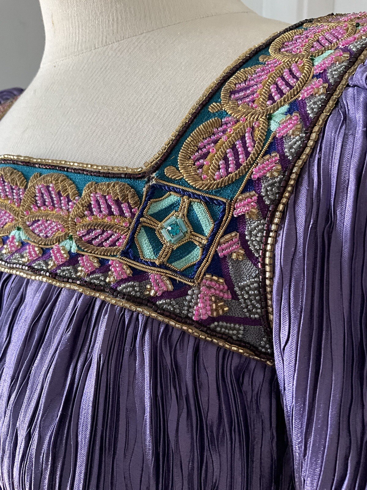 Vintage Early 80’s Mary McFadden Purple Pleated Gown Dress w/ Sash