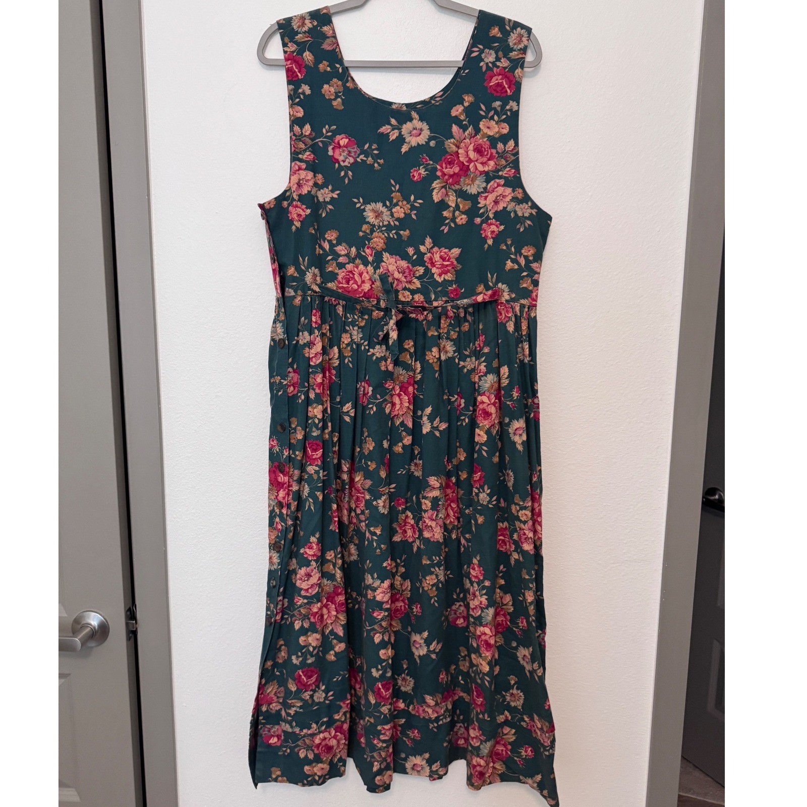 Vera Bradley Indiana Vintage Cotton Floral Pinafore Dress Green Pink Large s3