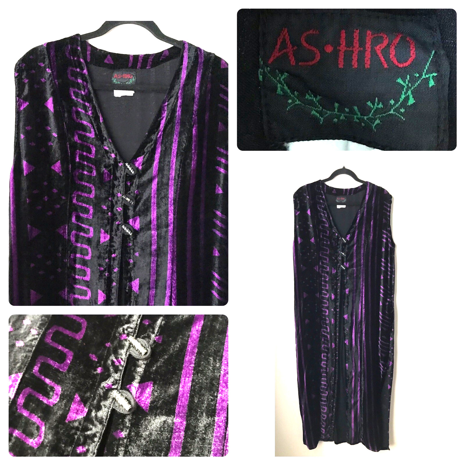 AsHro Black Purple Velvet Dress Kimono Kaftan Boho Maxi Tunic Cape Artsy Vtg