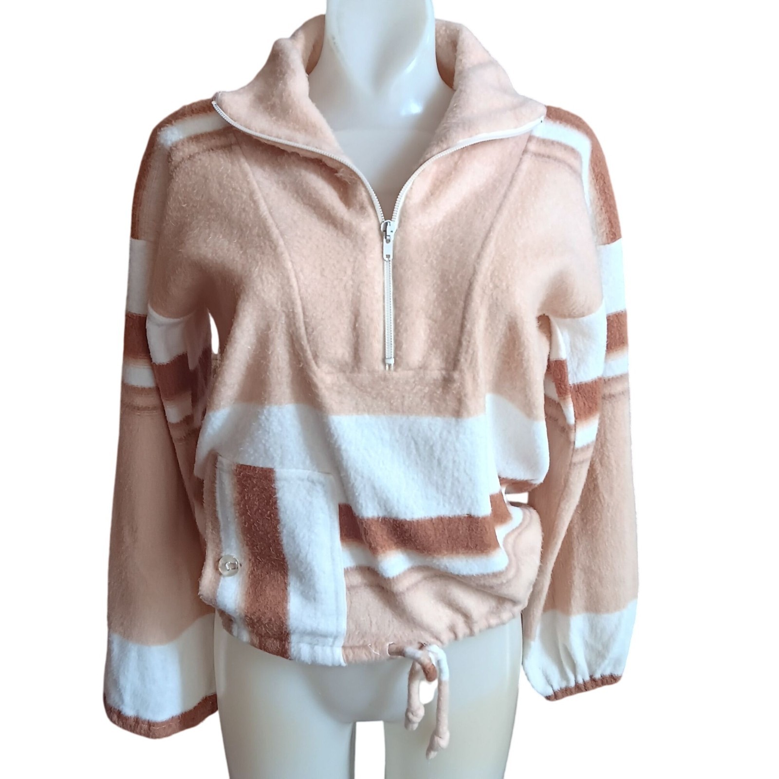 True Vintage Fleece Pullover Medium 1970’s Peach White Striped Half-Zip Boho