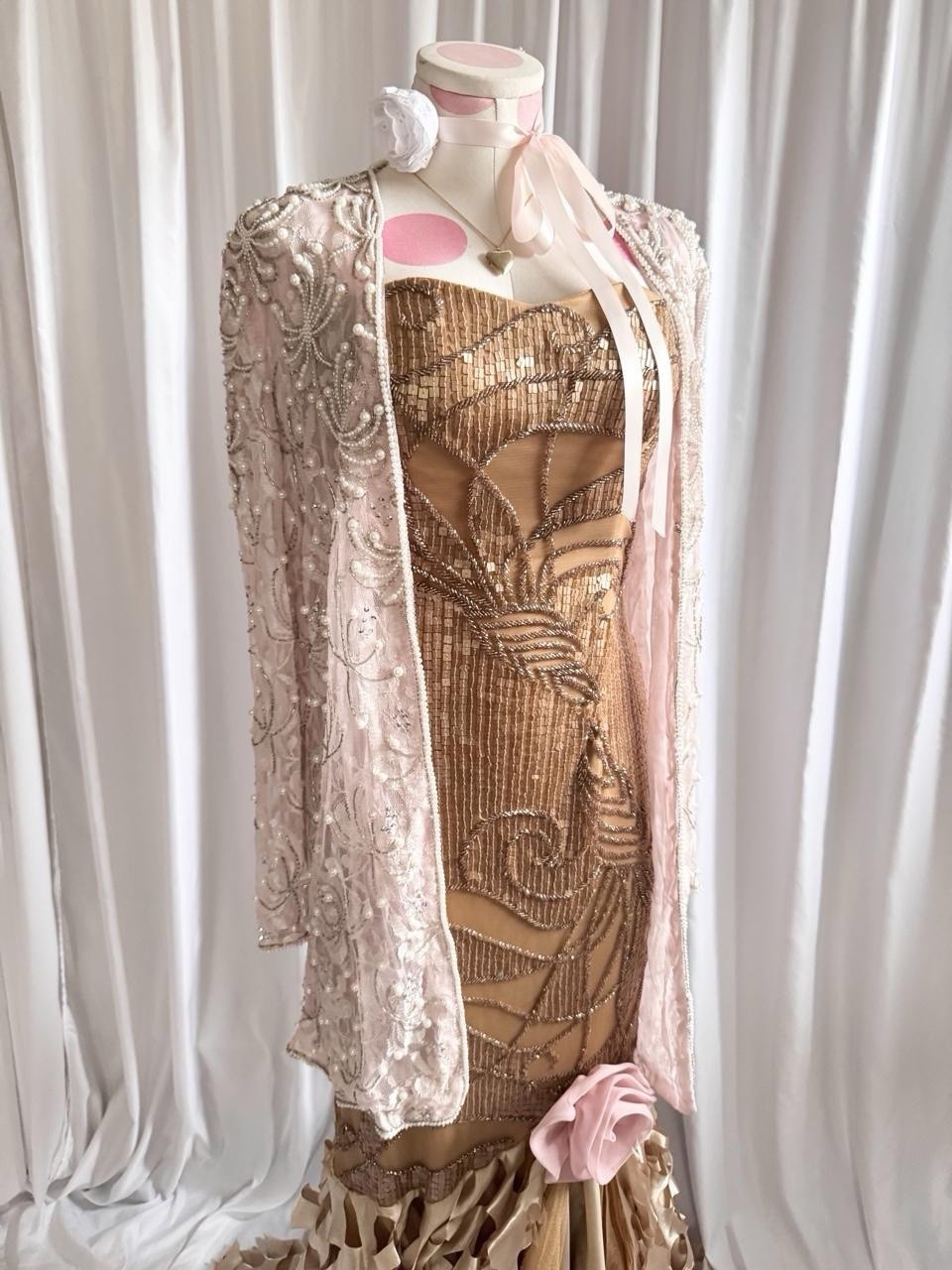 Vintage Y2K Pink White Pearl Beaded Overcoat Jacket Women’s Size Large Sequin
