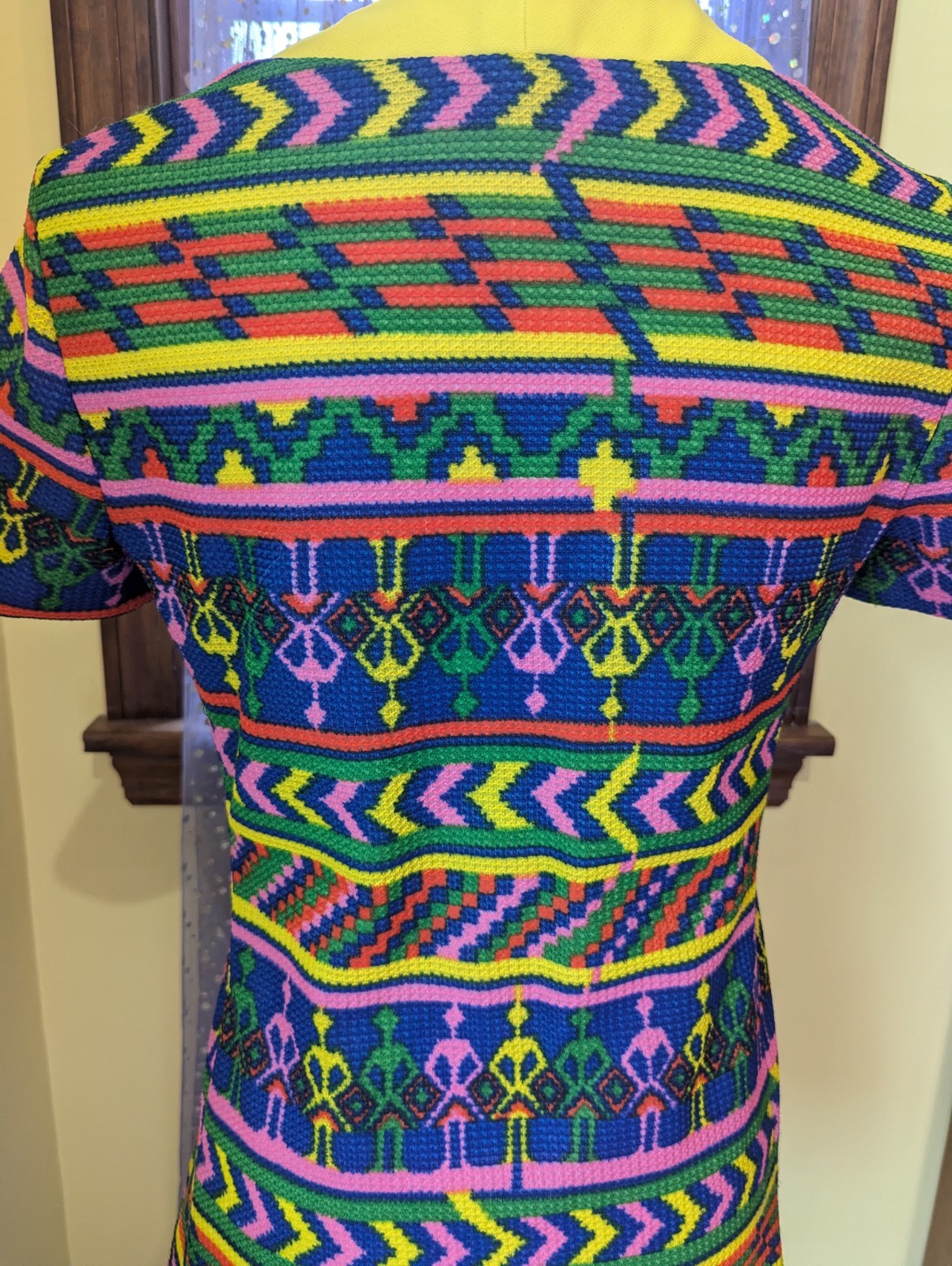 Vintage 70’s Hippie Funky Novelty Neon Rainbow Yellow Poly Tunic Top Size S/M