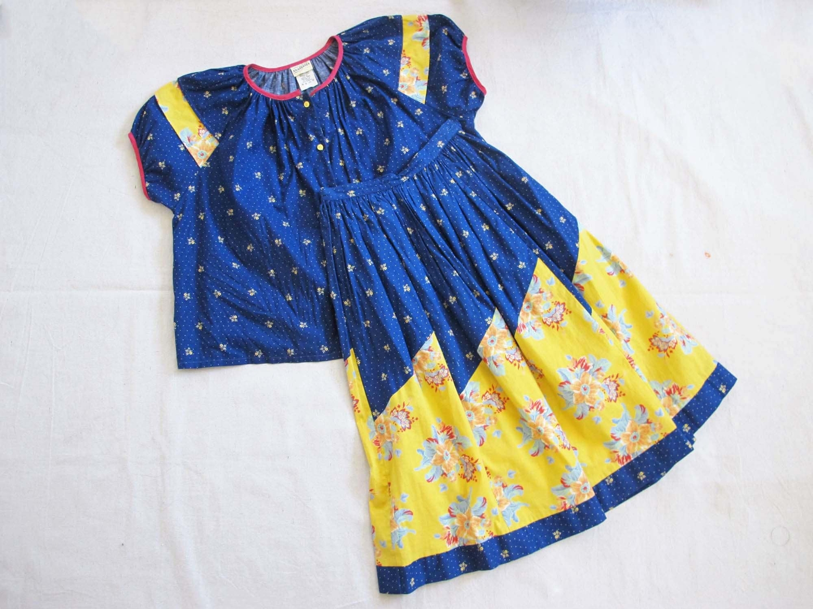 Vintage Anastasia Paris 2 Piece Peasant Blouse Skirt Set S – 80s Blue Yellow