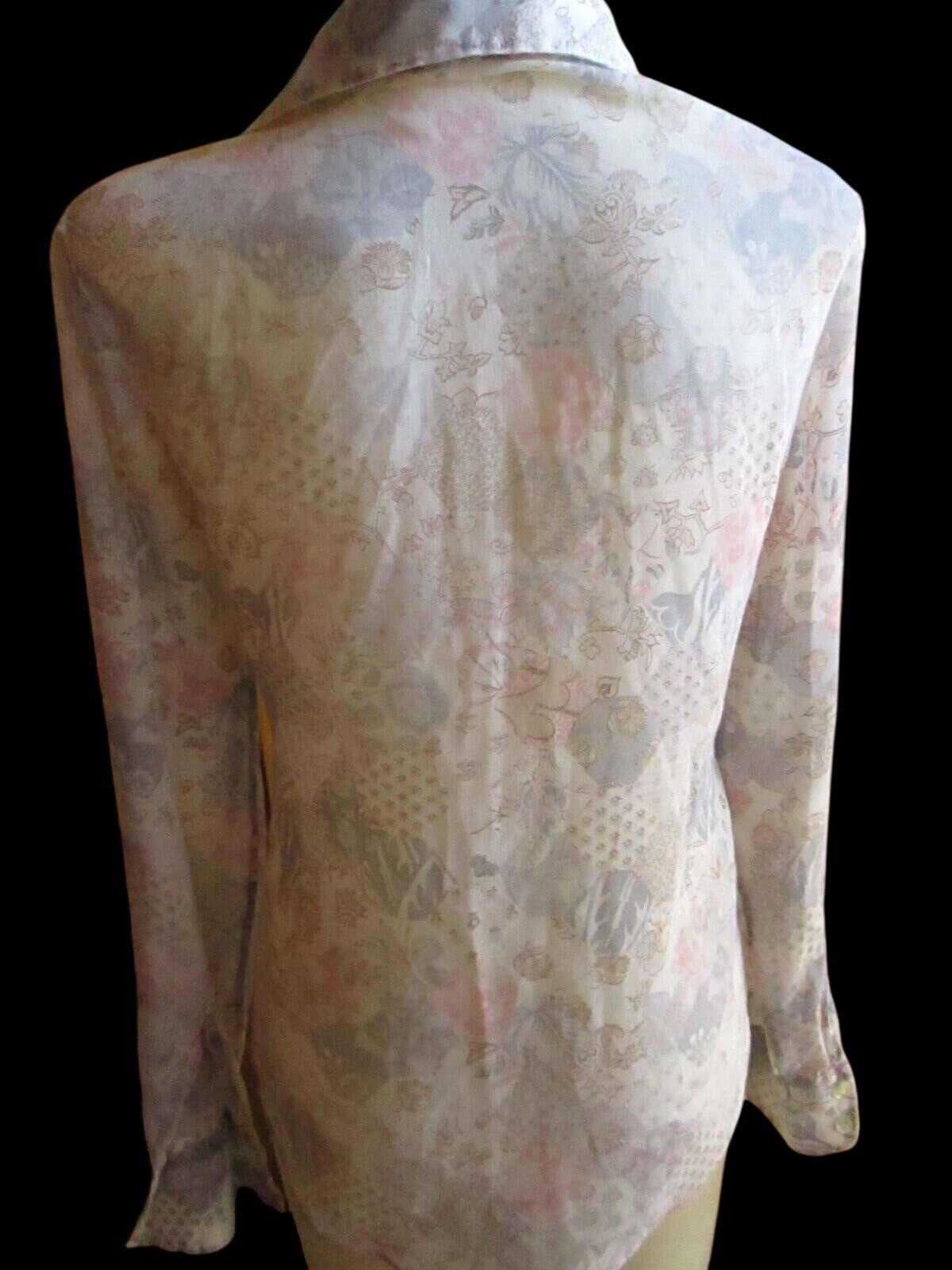 True Vintage Medium Womens Boho Blouse 12 Button-Up Long Sleeve Floral Sheer