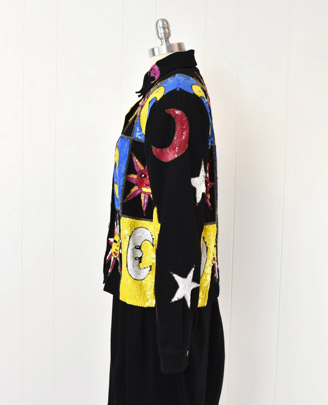 Vintage 1980s 90s Modi Sequin Celestial Sun Moon Stars Patchwork Denim Jacket