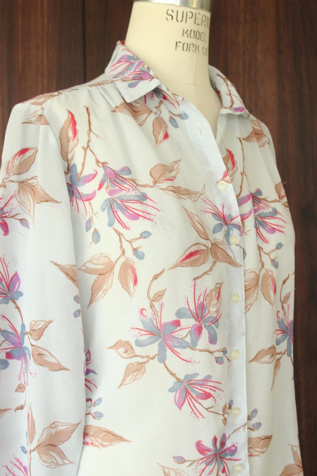 Vintage 1980s 1990s Blouse, Pale Blue Gray Chiffon with a Floral Print Button