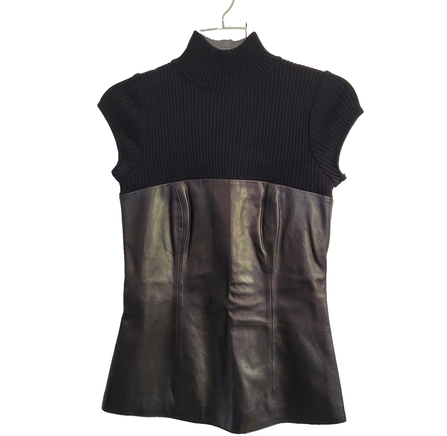 Vintage 90s Lambs Leather Top Black Small Runway Wool Knit Bodice Made in France