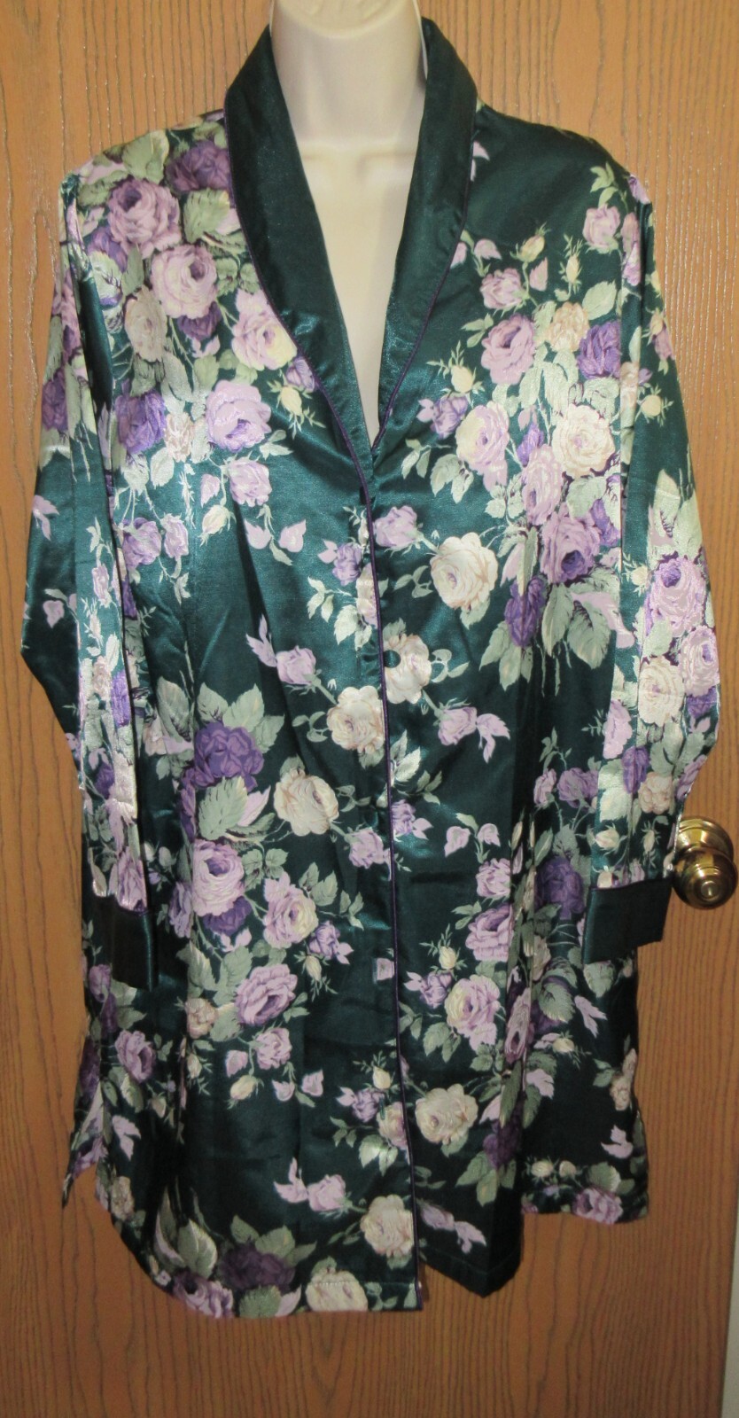 ARIA 80s HUNTER GREEN PURPLE FLORAL sleep shirt nightgown brushed SATIN sz S