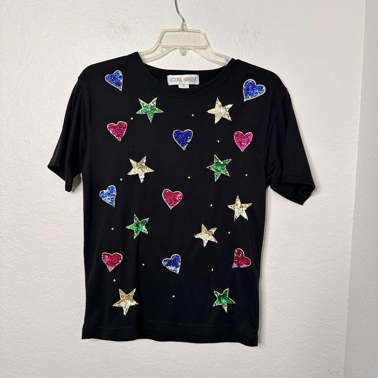 Vintage 1980s VICTORIA HARBOUR Hearts & Starts Sequin Embroidered Top Sz S Black