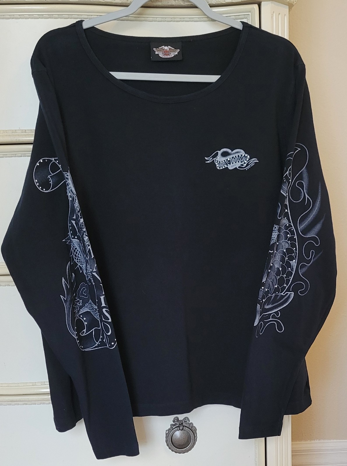 Harley Davidson Vintage 2004 Y2K Rhinestone Cotton KOI DRAGON Long Sleeve Size L