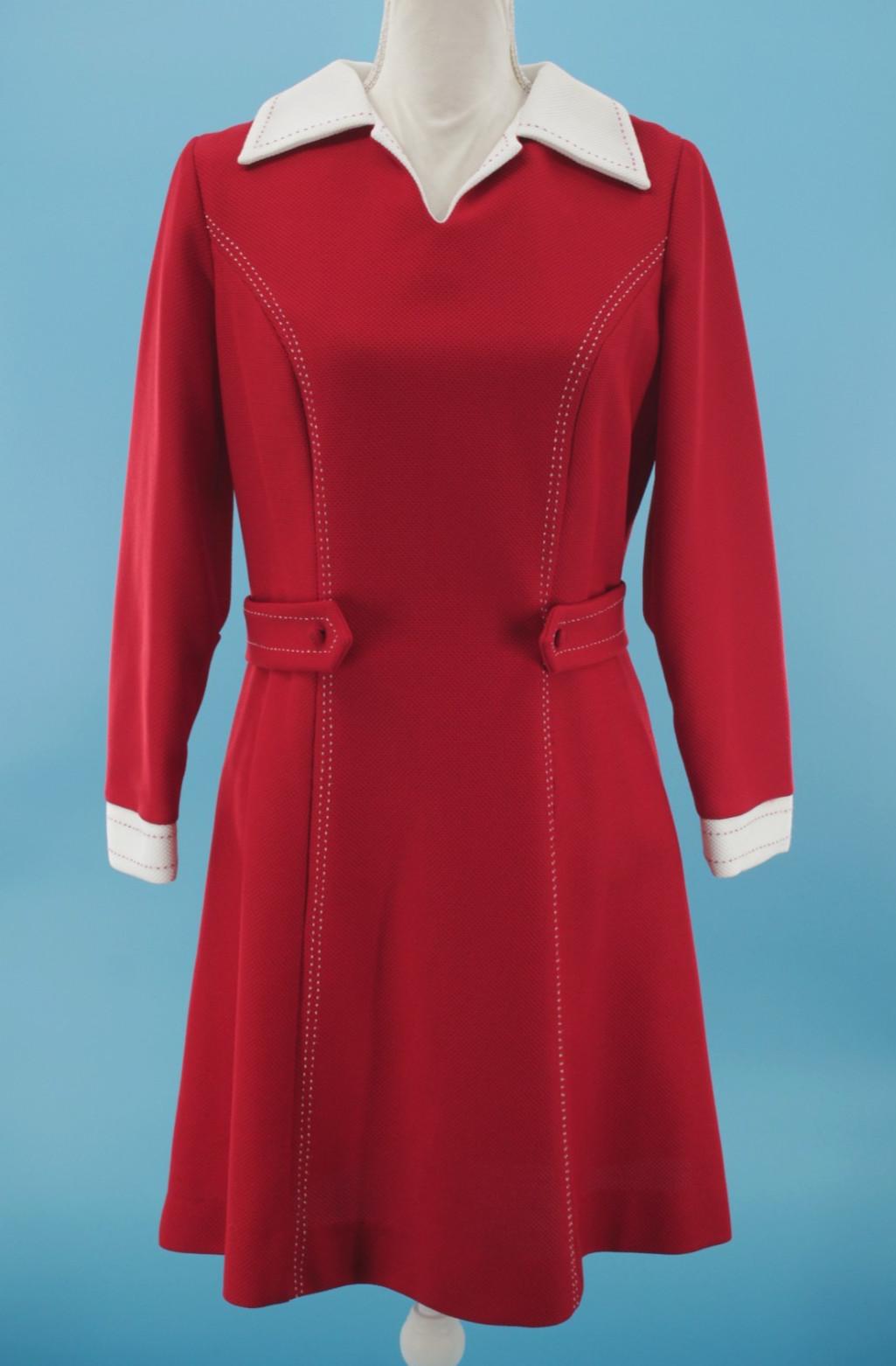 VTG Womens 60s Dark Red Long Sleeve Mini Dress W/ White Collar & Cuffs S/M 1960s