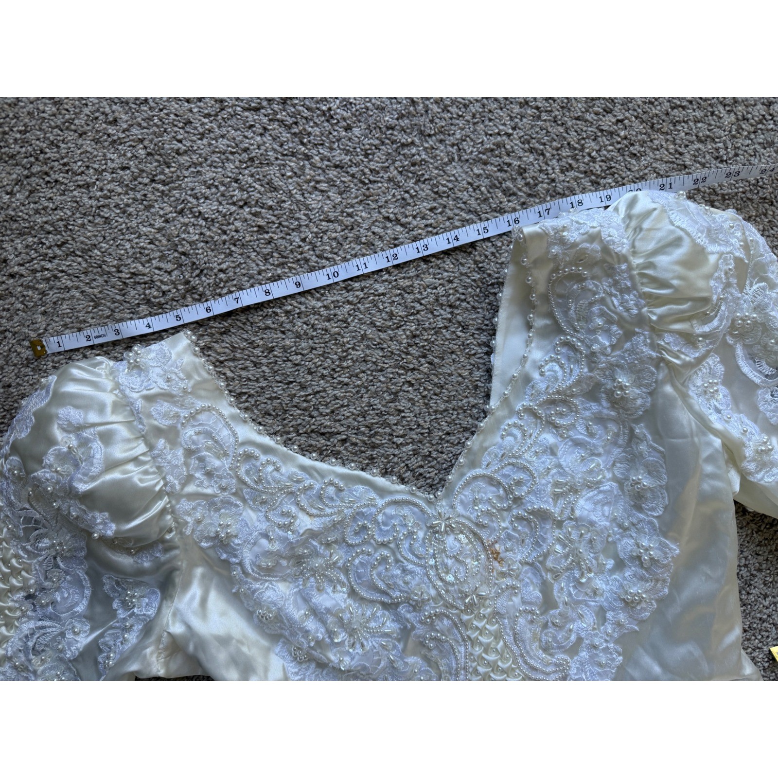 Vintage Ivory Satin Beaded bride Wedding Dress Long Sleeve Train 80s XL