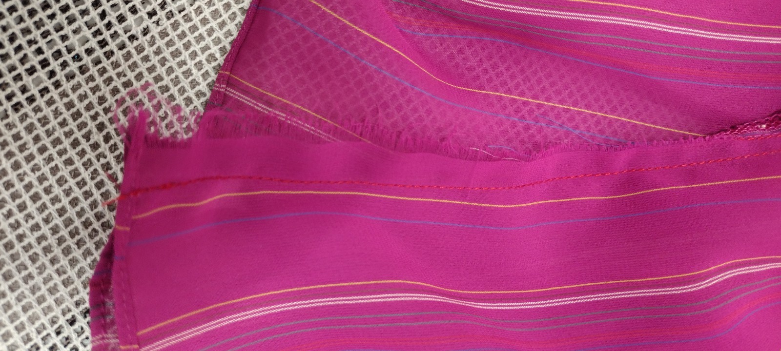70s 80s Dress Pink Fuchsia Stripes Sheer Short Puffy Sleeve 40s 3/4 Sleeves M