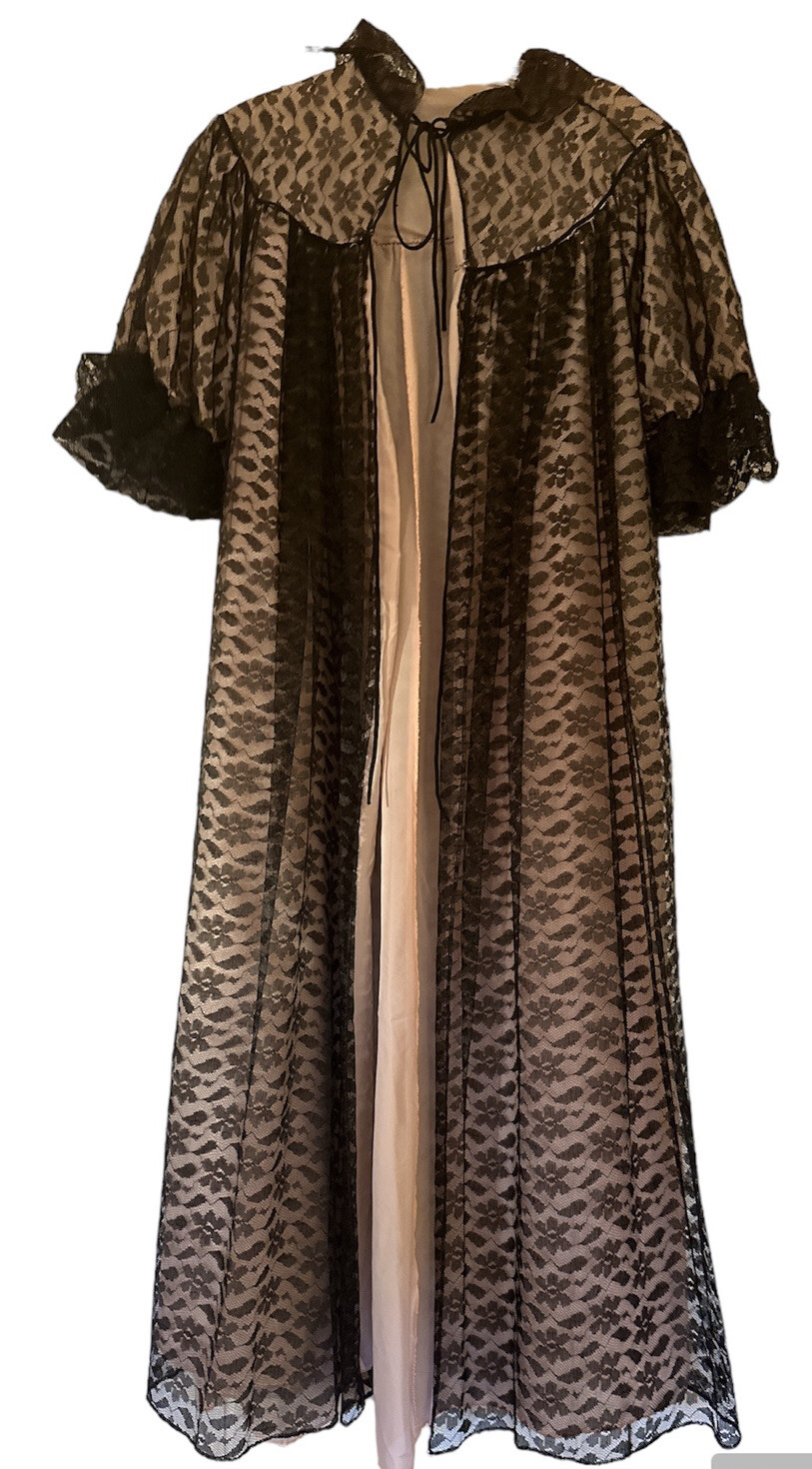 Vtg 50’s Dressing Gown Black Floral Tulle Lace & Pink Satin, Puff Sleeves S/M?