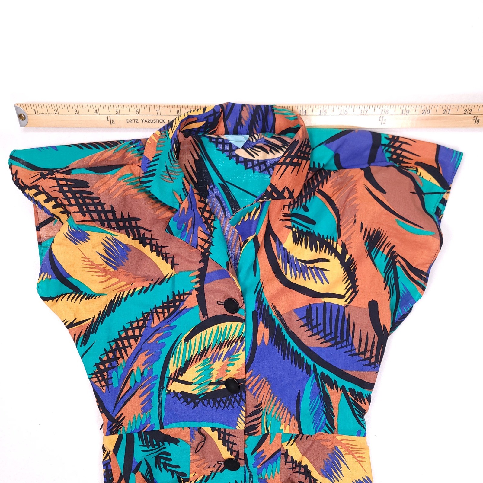 Vintage 80s Abstract Tropical Midi Dress Sleeveless Padded Shoulder Multicolor