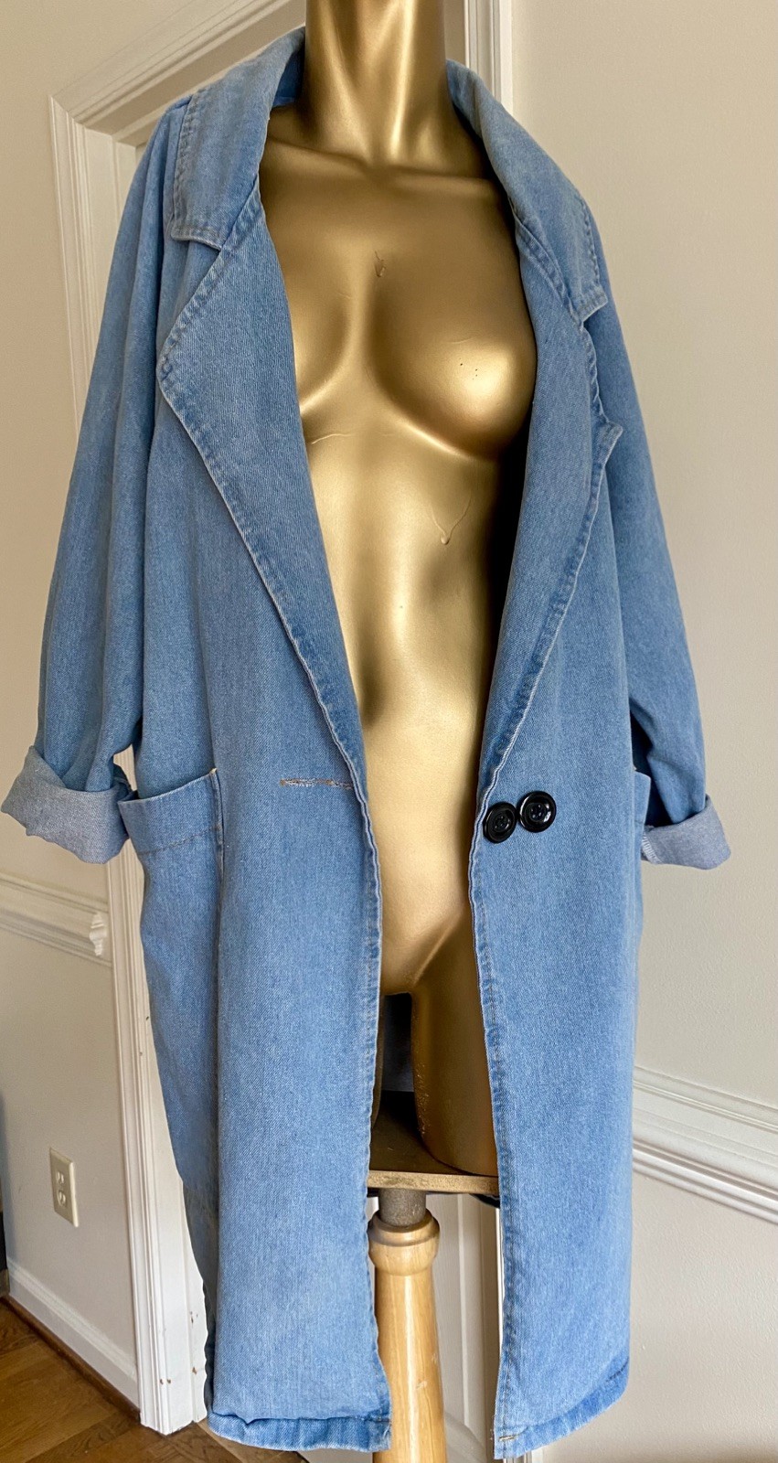 Vintage French Denim Chore Coat Jean Jacket Deep Pockets Gardener Size XL