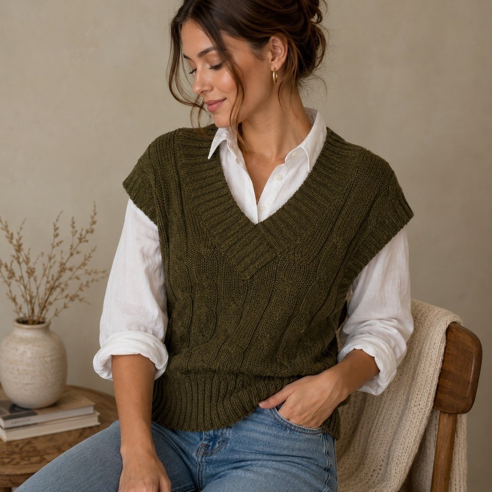 Outback Red Vintage Cable Knit Sweater Vest Olive Green V-Neck Ramie Cotton M