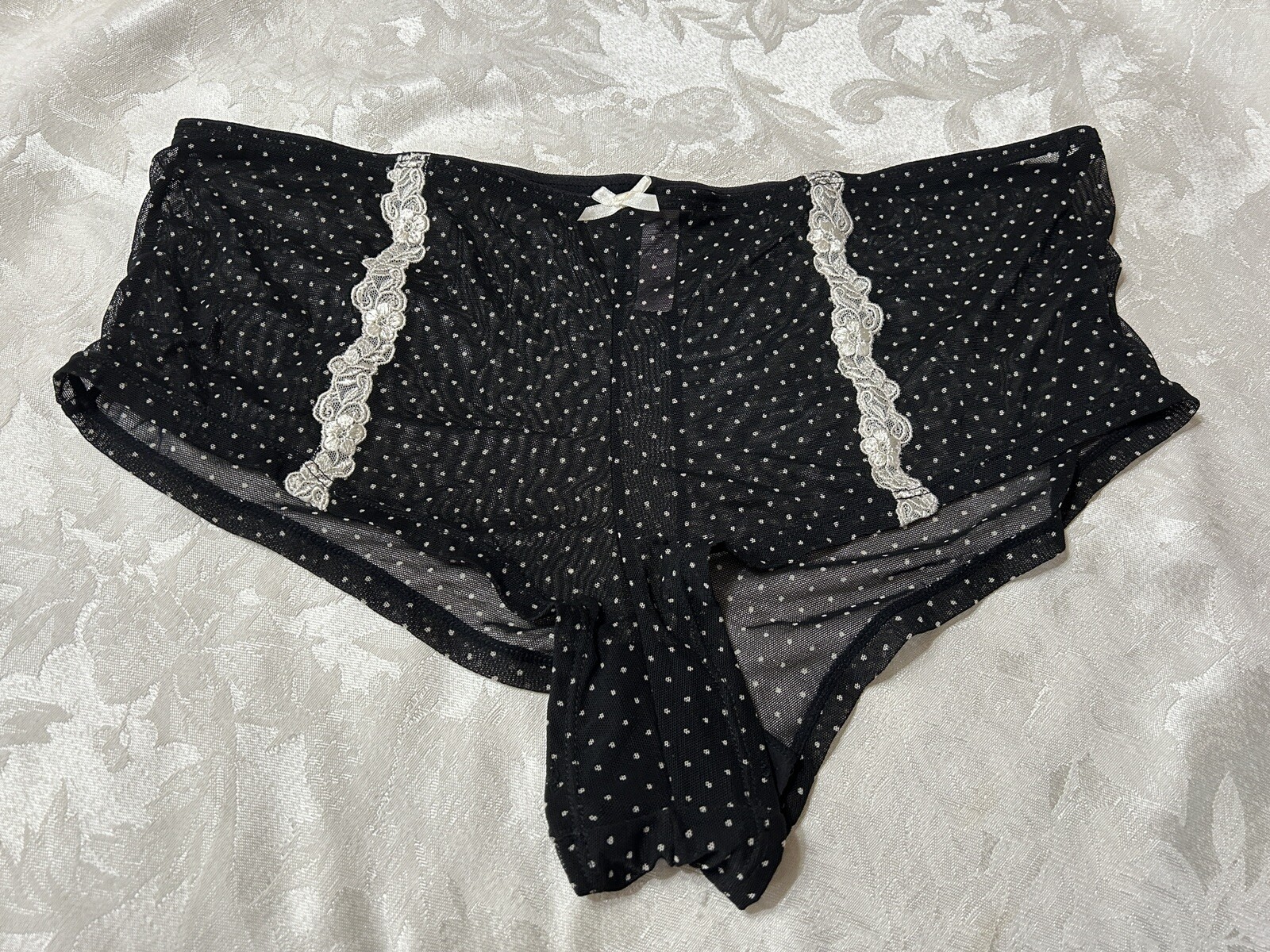 Vtg NWOT CACIQUE Sheer Mesh Embroidered Lace 18/20 Black Polka Dot Panties #49