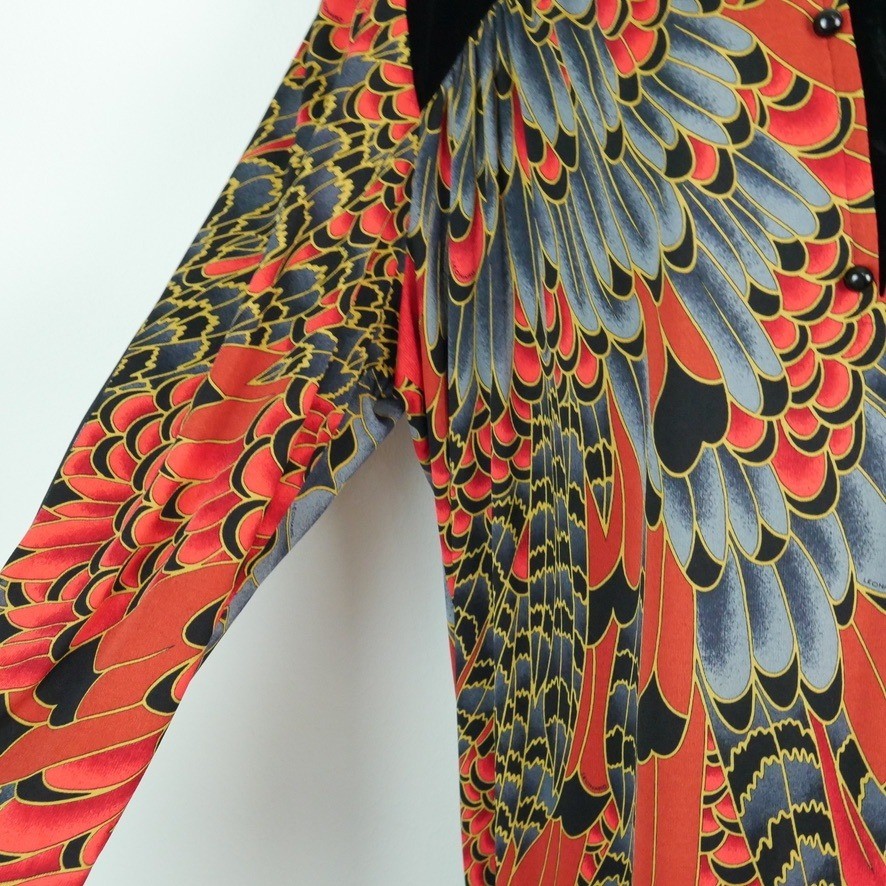 Vintage Leonard Fashion Paris Silk Velvet Feather Print Midi Dress Luxury 80s