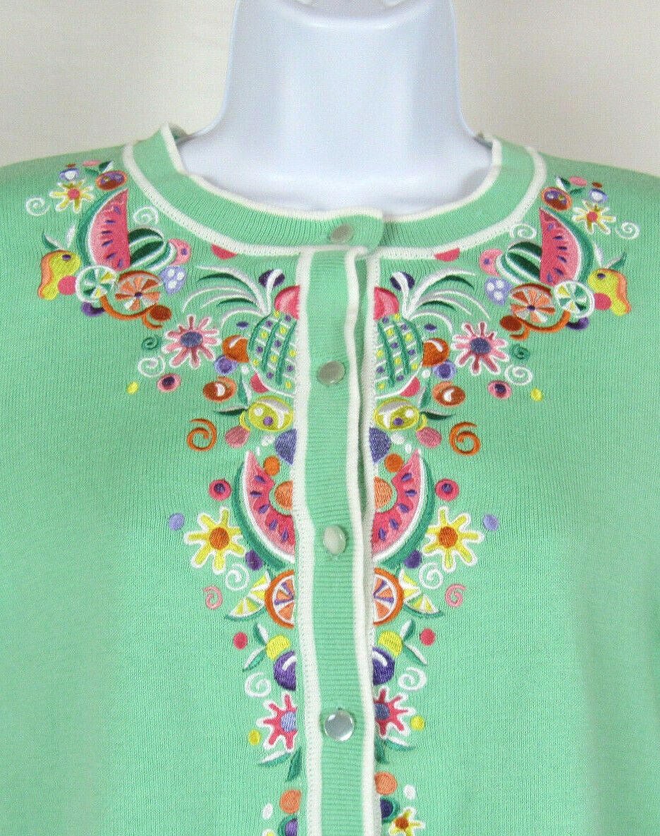 VTG 1990s BOB MACKIE WEARABLE ART MED TOP EMBROIDERY FRUIT FLOWER COTTON ACRYLIC