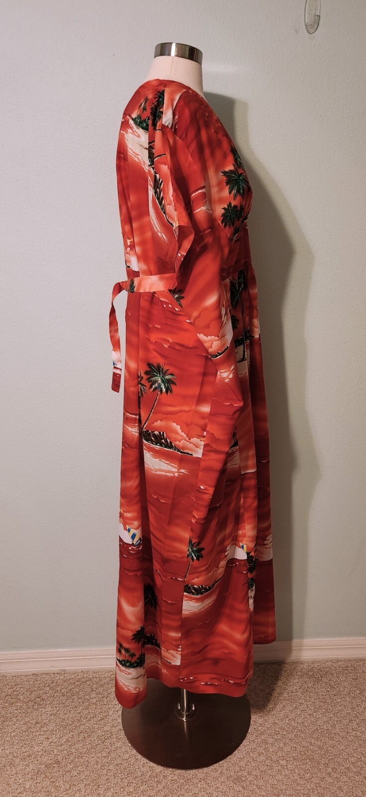 Vintage 1970s Red Sailing Hawaiian Tropical Beach Maxi Kaftan Back Tie One Size