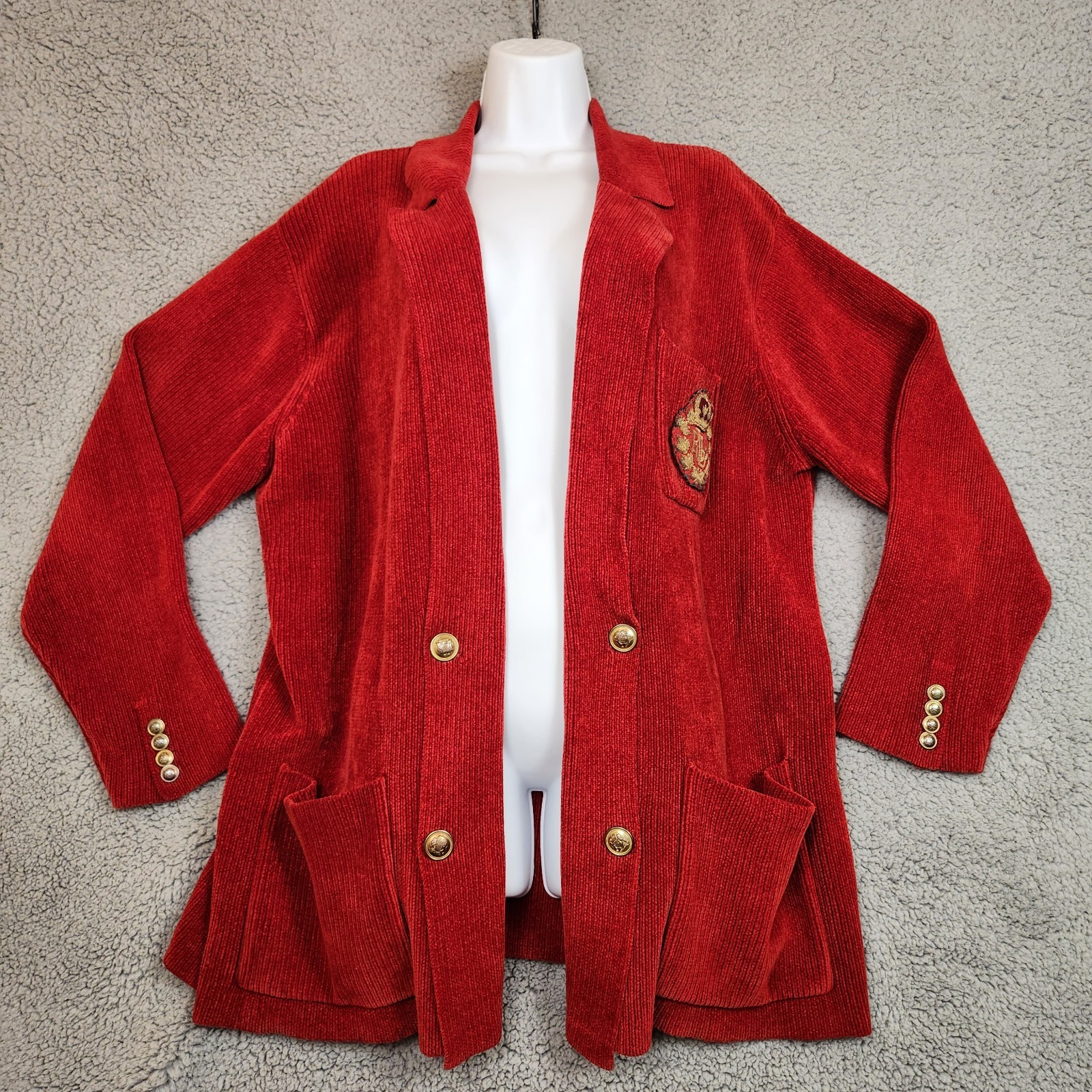 Vintage 80s Ralph Lauren Women’s Large Cardigan Sweater Blazer Red Crest Pockets