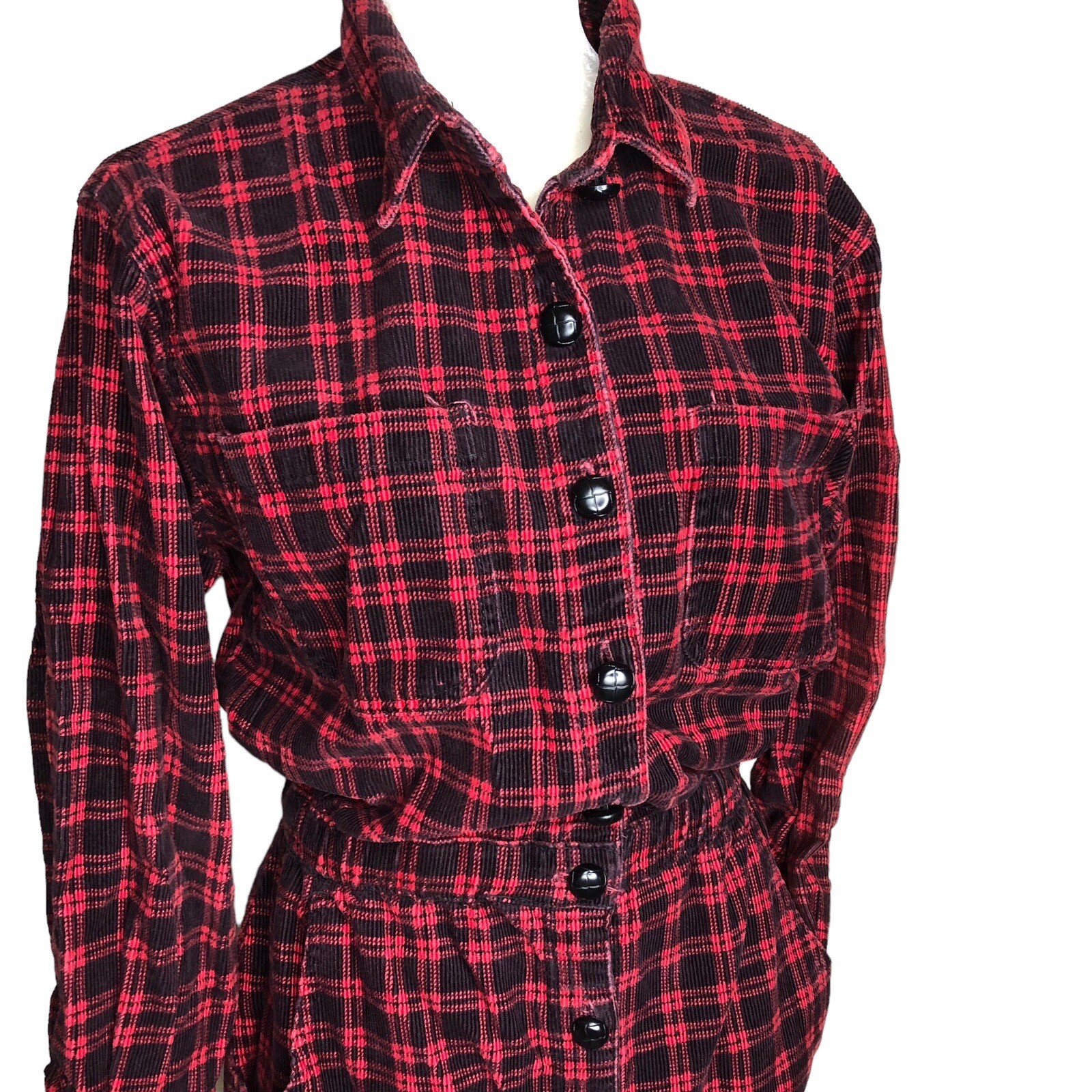 Vintage Fads Red Black Cottagecore Soft Cotton Corduroy Shirt Dress Size 12