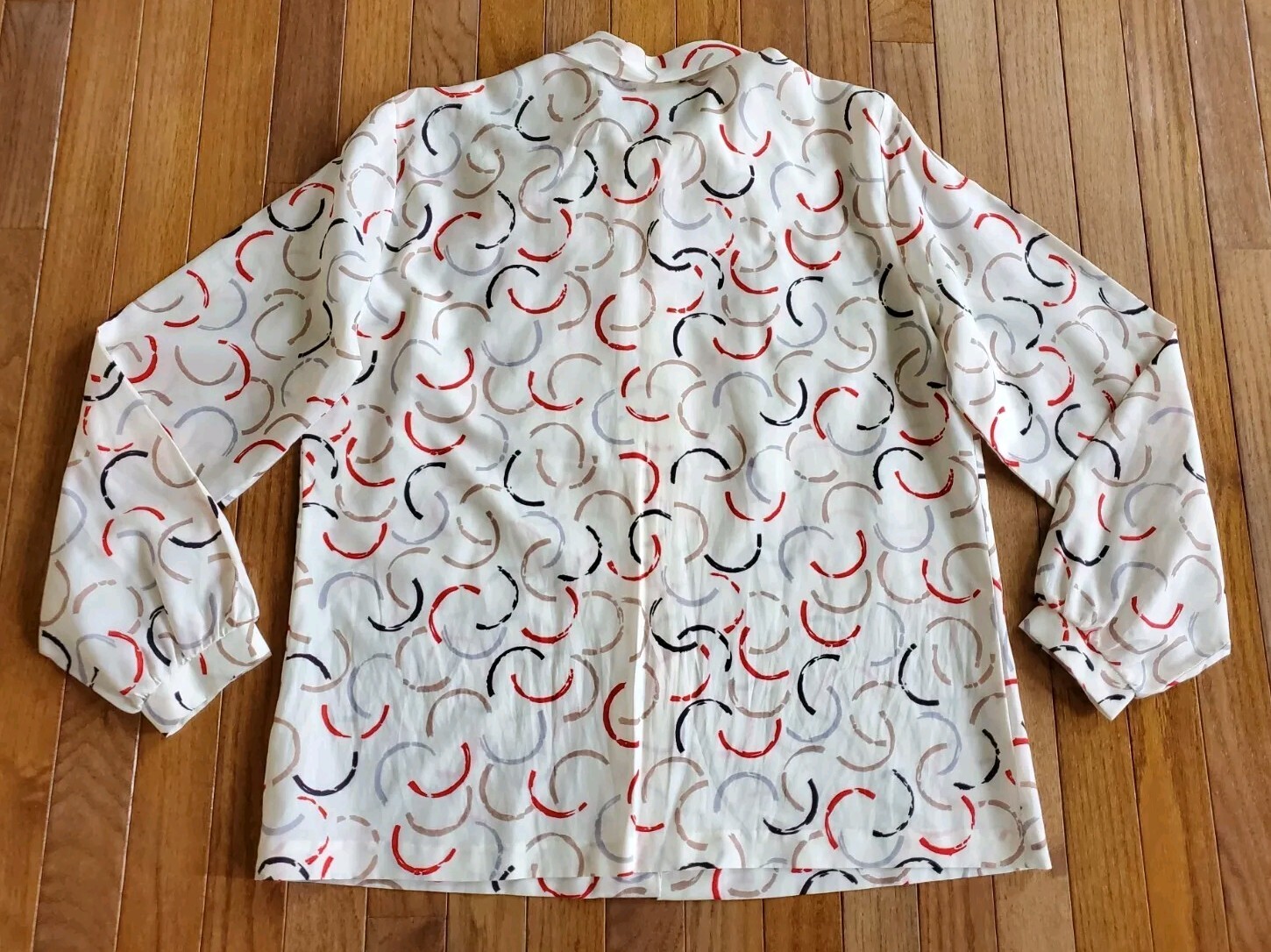 Vtg 80s Manor Park Cream Geometric Prints Front Tie Bow Button Up Blouse Sz L/XL