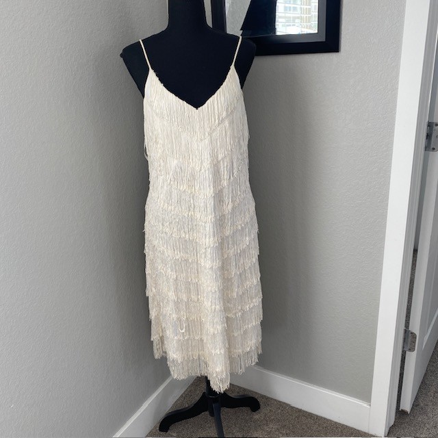 VINTAGE 70s Joy Stevens Ivory Fringe Flapper Gatsby Dress Sz 12