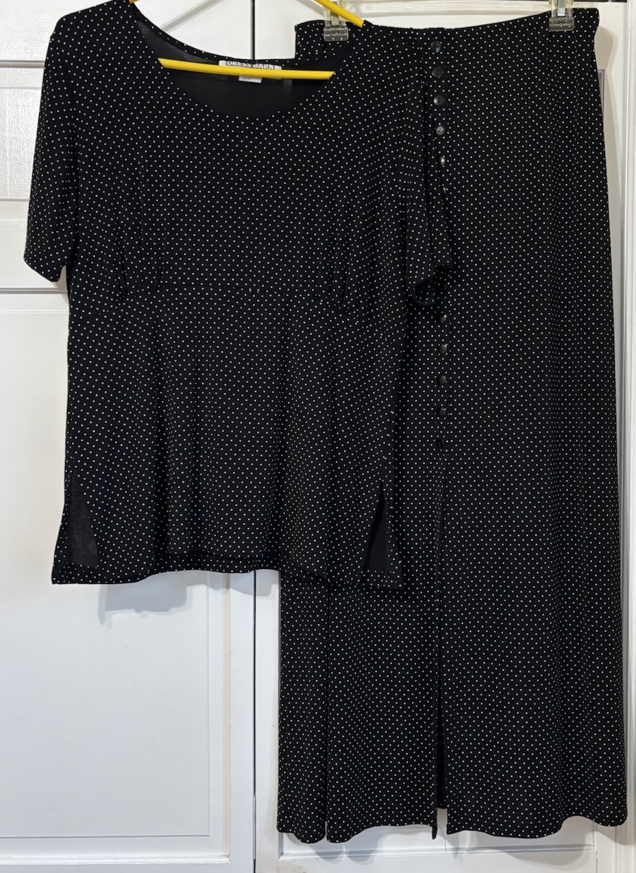 Vintage Dressbarn Maxi Skirt & Shirt Set Women’s Black & White Polka Dot Medium