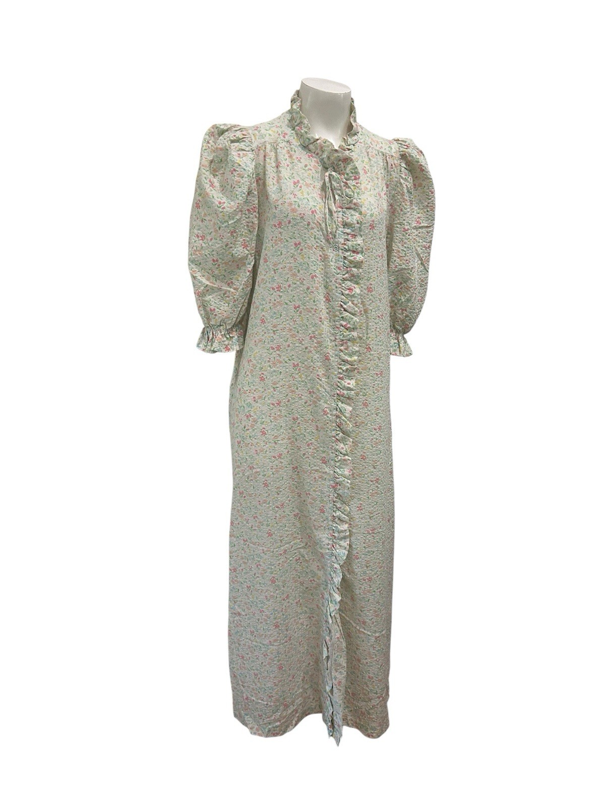 Vintage Cottagecore Floral Seersucker Housecoat Prairie Maxi Dress Ruffle M ^