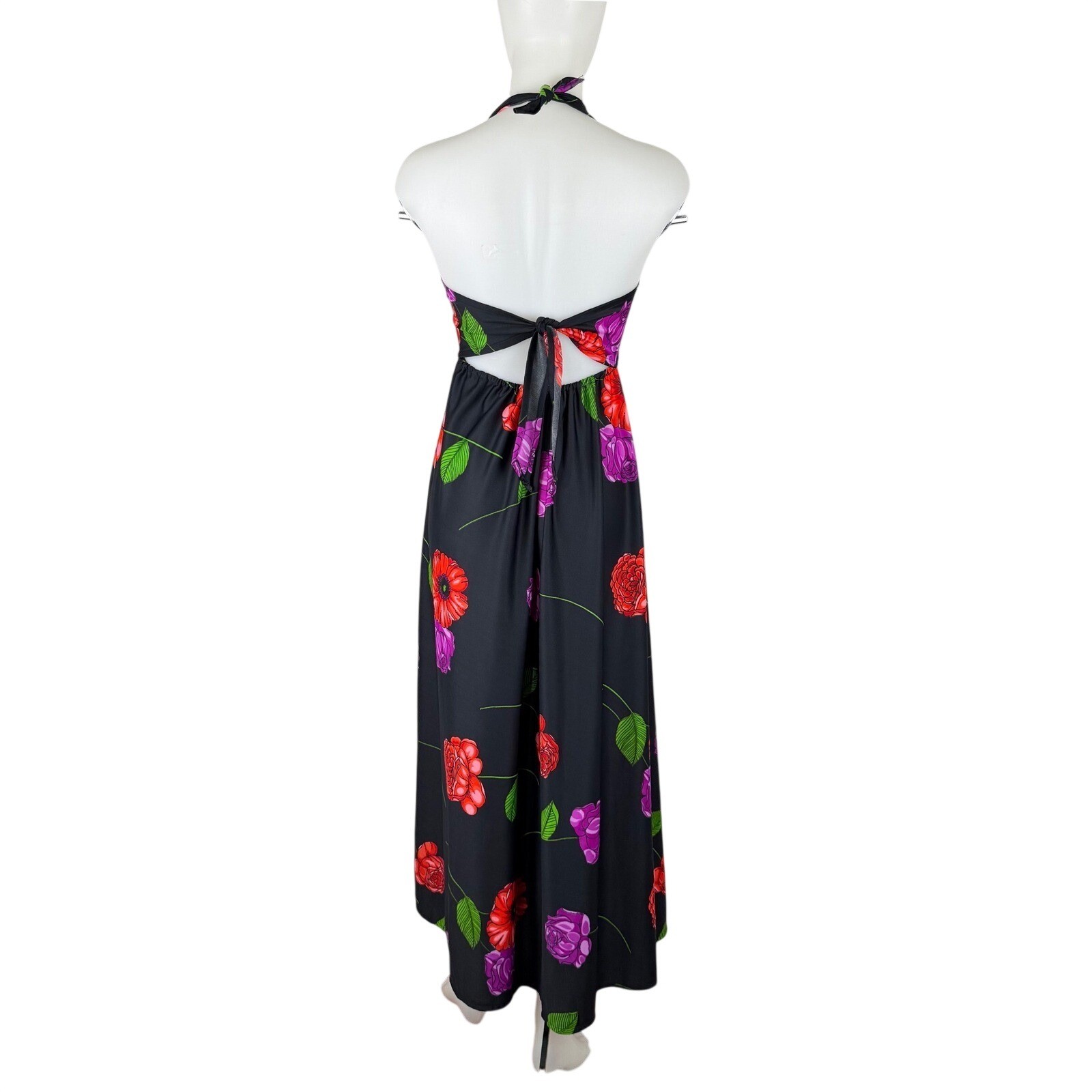 VTG Floral Halter Maxi Dress Black Red Purple Rose Keyhole Tie Back Summer