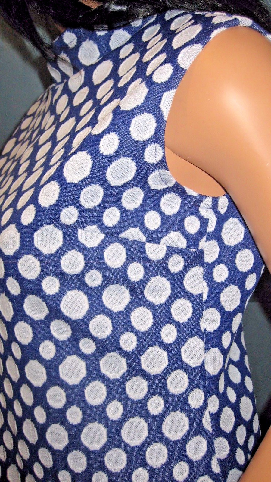Vintage~Blue~White~Polka Dots~Blouse~Side split~back Zipper~Size L/XL!