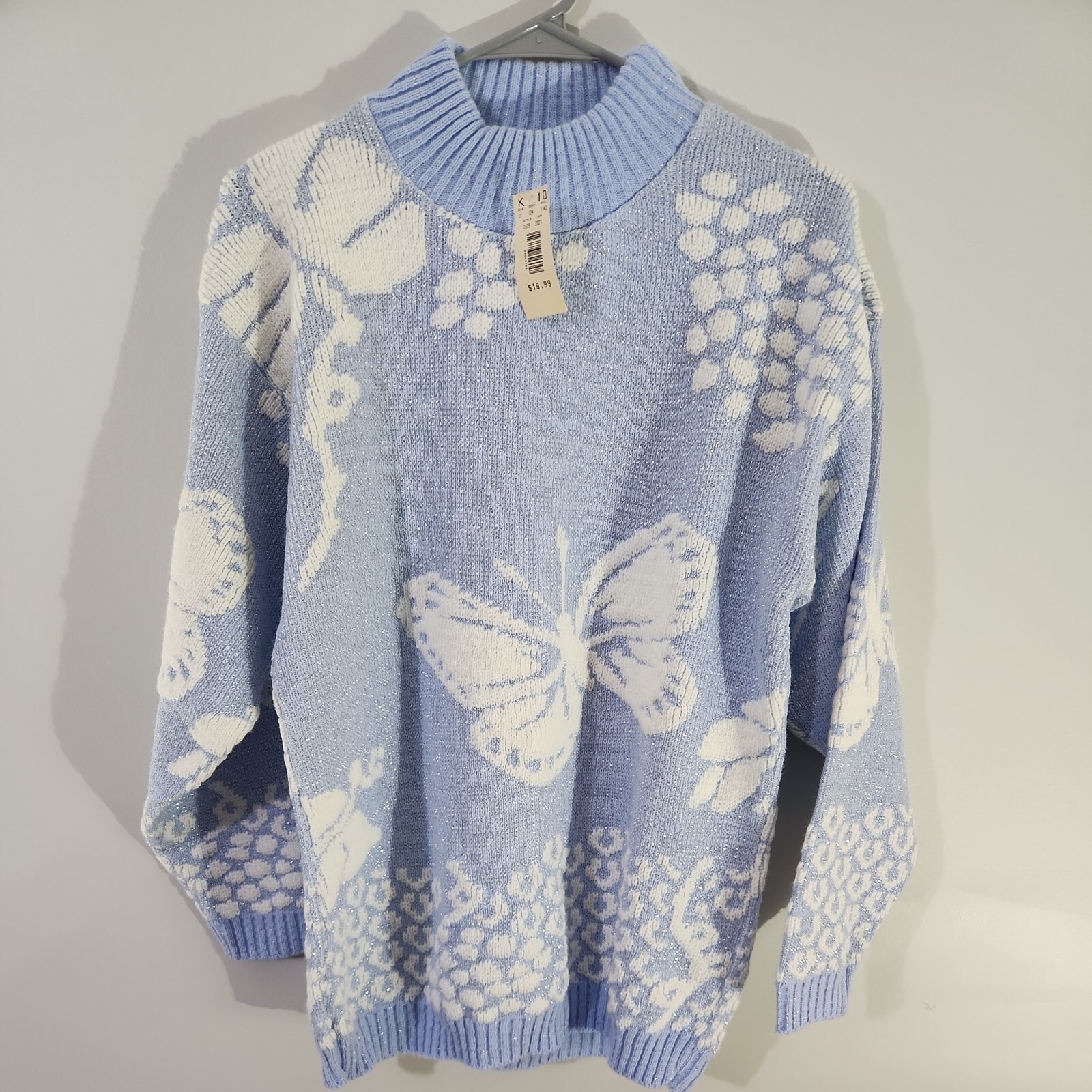 Vintage Glamour Knit Women’s Sweater M Light Blue Butterfly Glitter 80s NWT