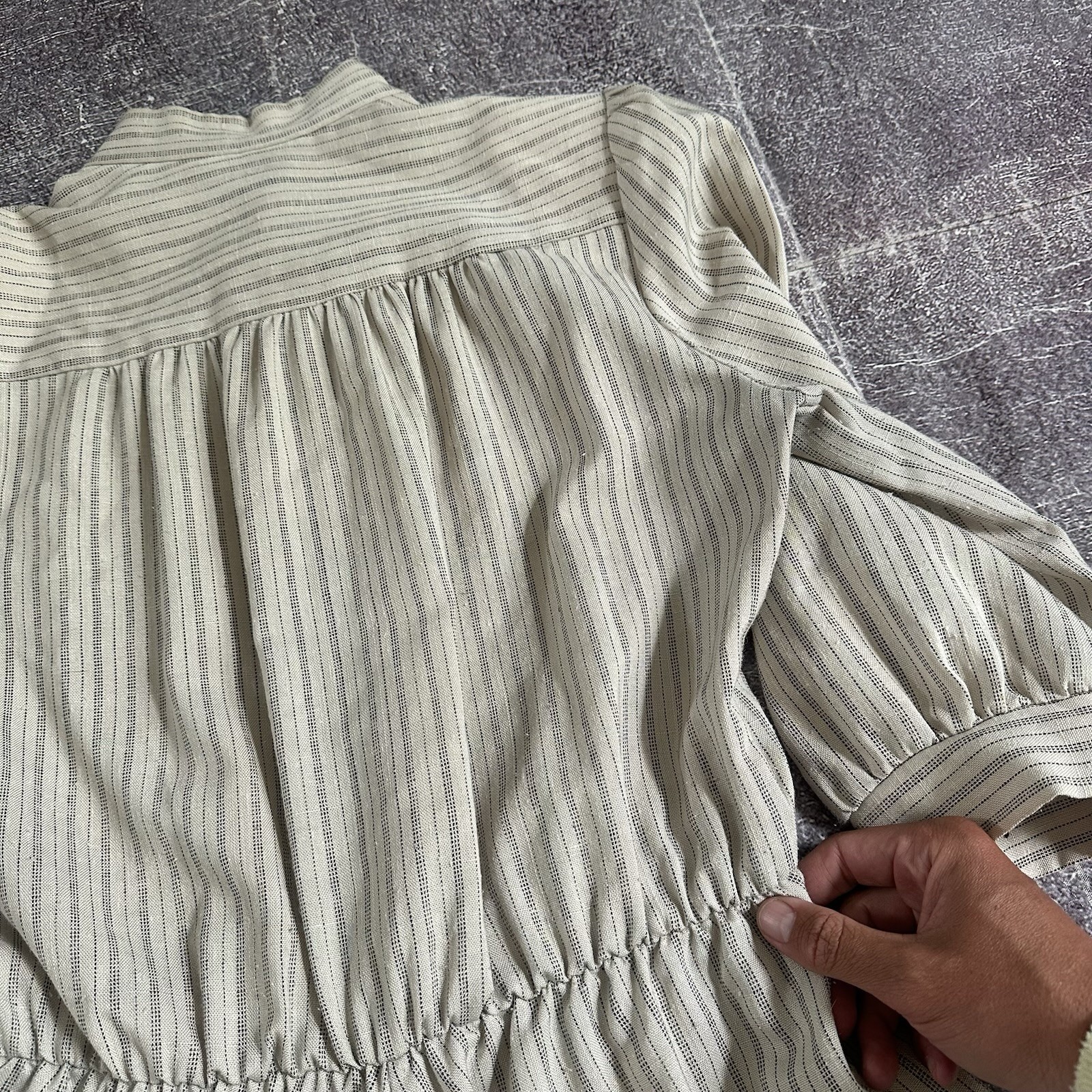 Women’s Vintage 70s VLP Union USA Made CottageCore Midi Beige Stripe Dress Sz 12