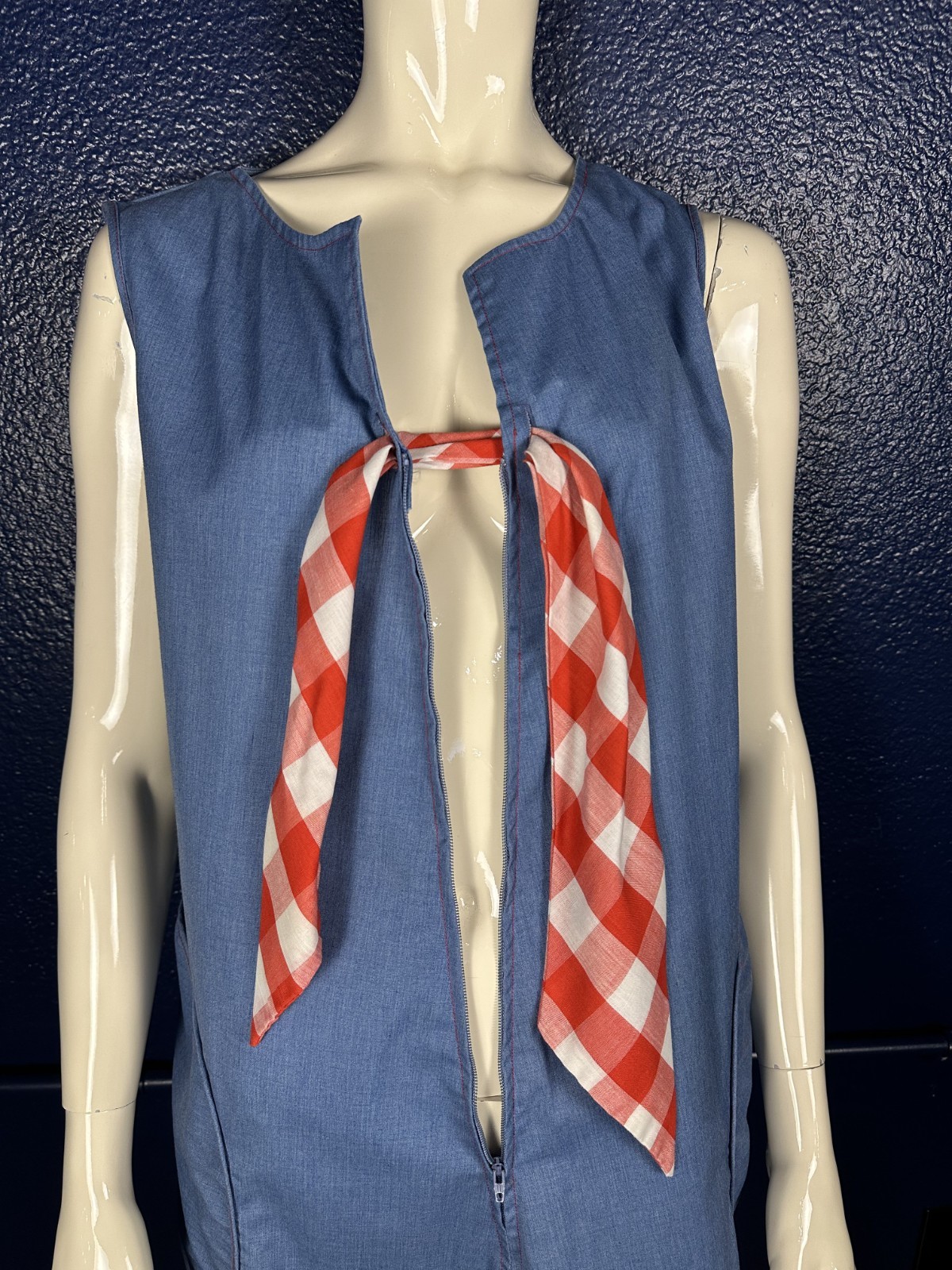 Vintage 1970’s GO-INS by DANVILLE Denim Blue Sleeveless House Dress Mod Bow