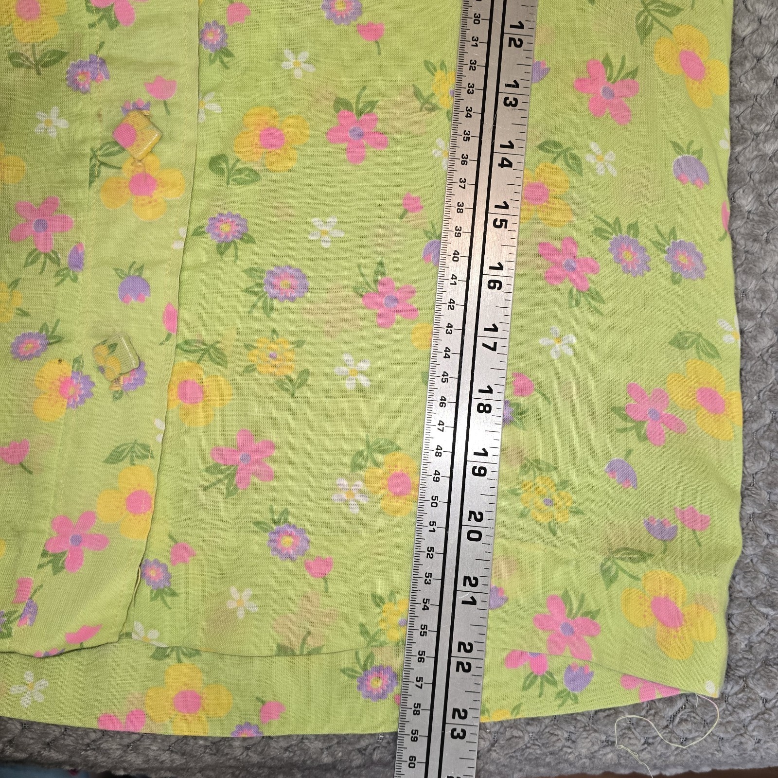Vtg 1970s Flower Power Button Up Shirt Western Yoke Piping Green Pink Yellow