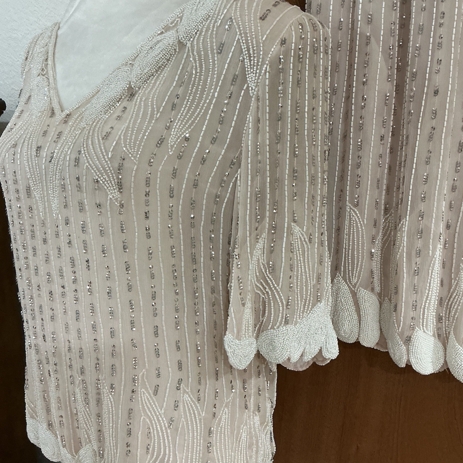 VTG 80’s Beaded Blush Silk Ensemble 1920s Flapper Style Size Med. Hollywood Glam