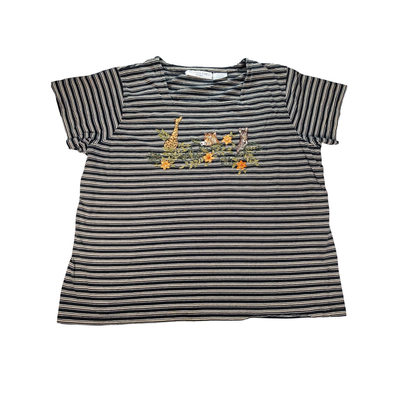 Vintage Victoria Jones Woman Safari Embroidered Striped T-Shirt Black 3X
