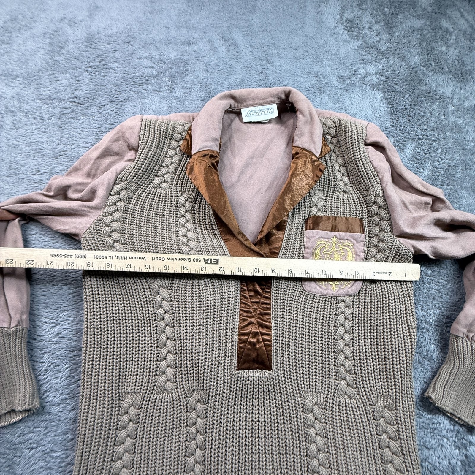 SidEffects Vintage 80s Mixed Media Sweater Knit Suede Velvet Crest Jacket Sz S