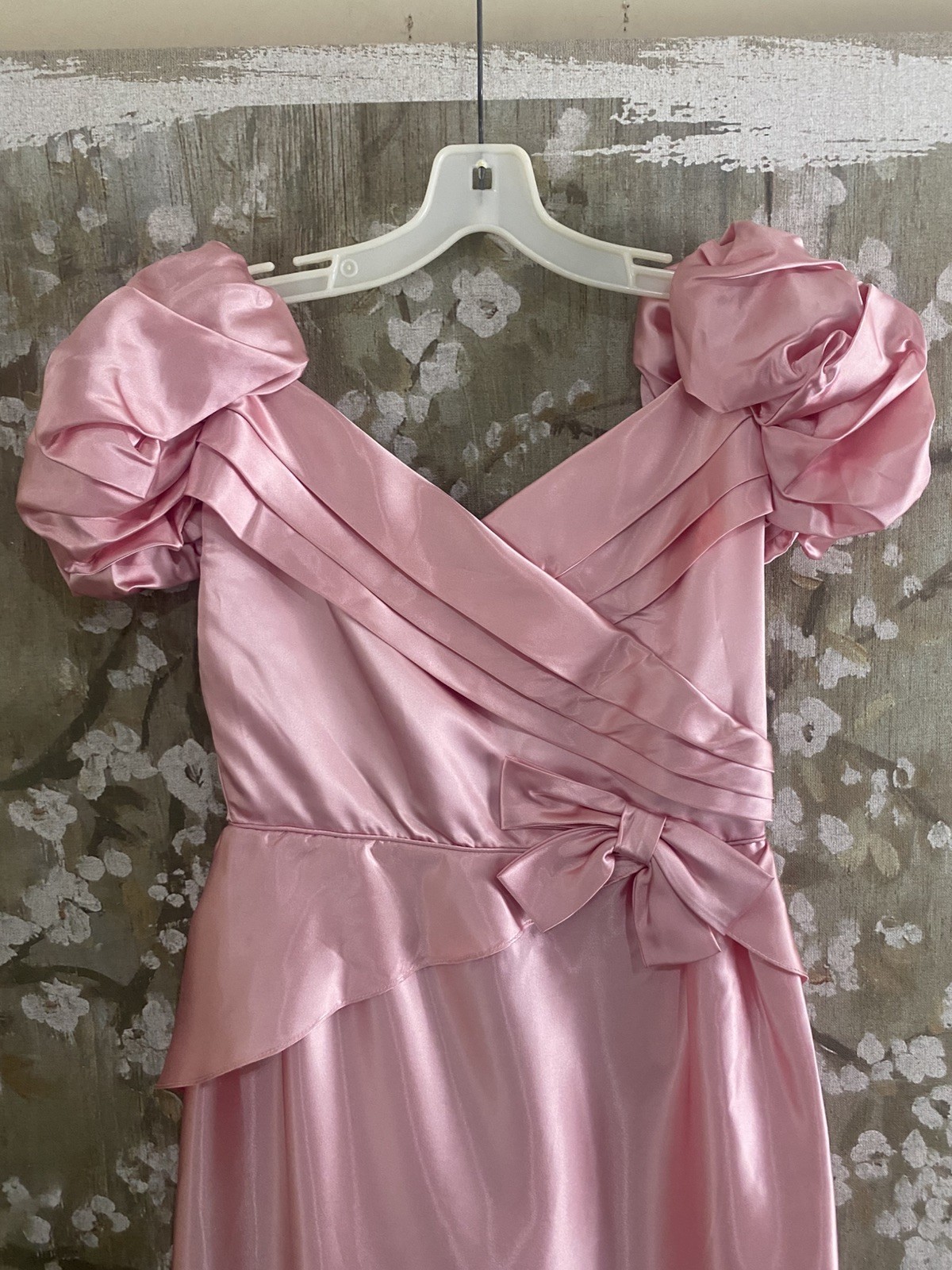 VTG 70’s Pink Satin Union Made Coquette Back Cascade Prom Bridesmaid Dress S