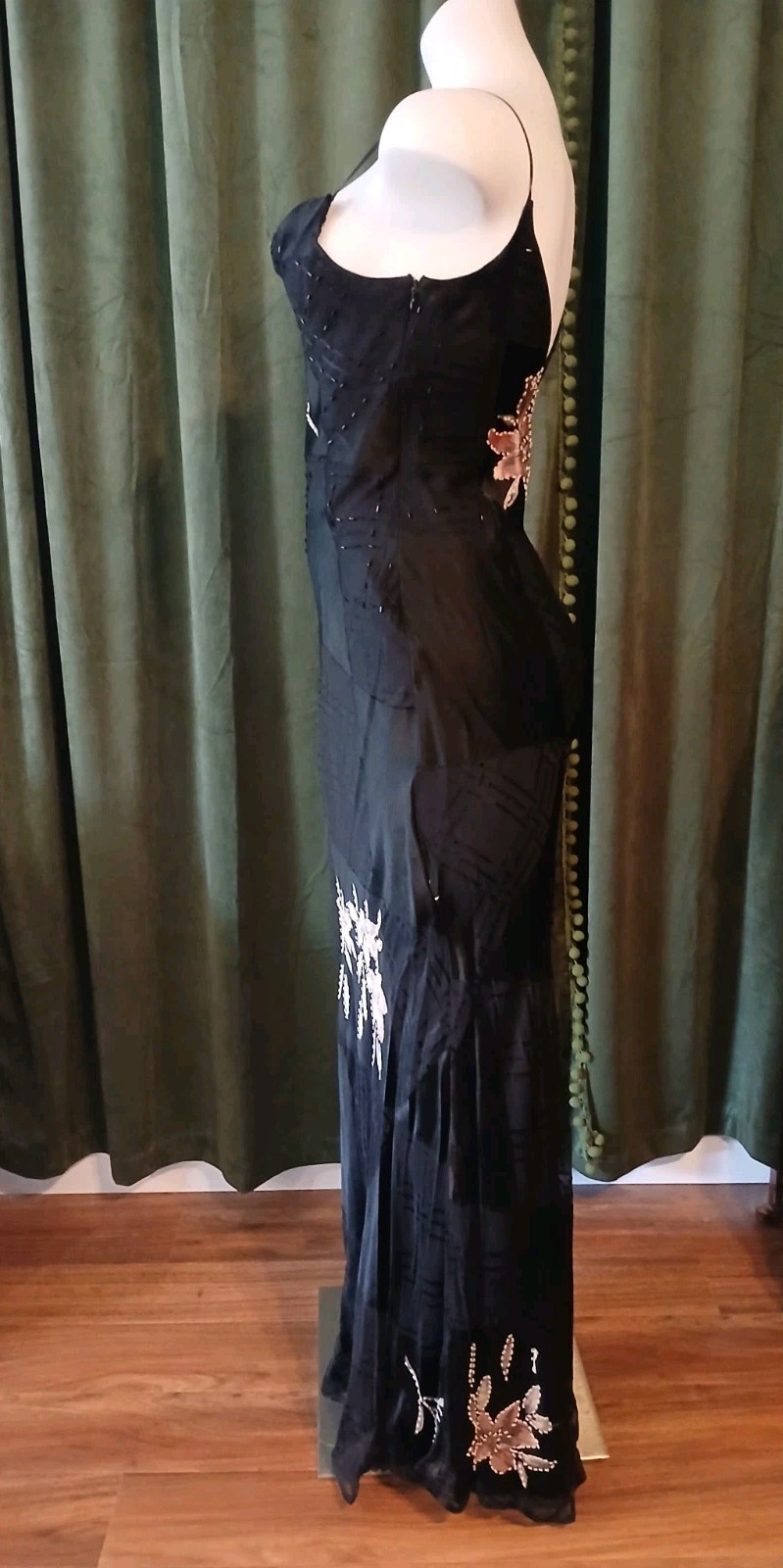 Vintage 90s L’Pogee Black Silk Rayon Floral Beaded Bias Cut Slip Gown Dress 8
