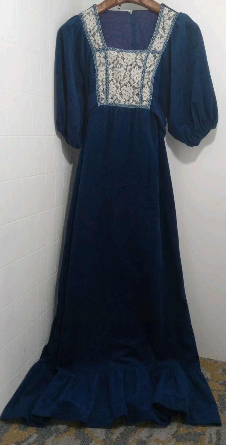 Vintage Montgomery Ward 70s Blue Prairie Style Dress Sz 7/8, Renaissance, Peasan