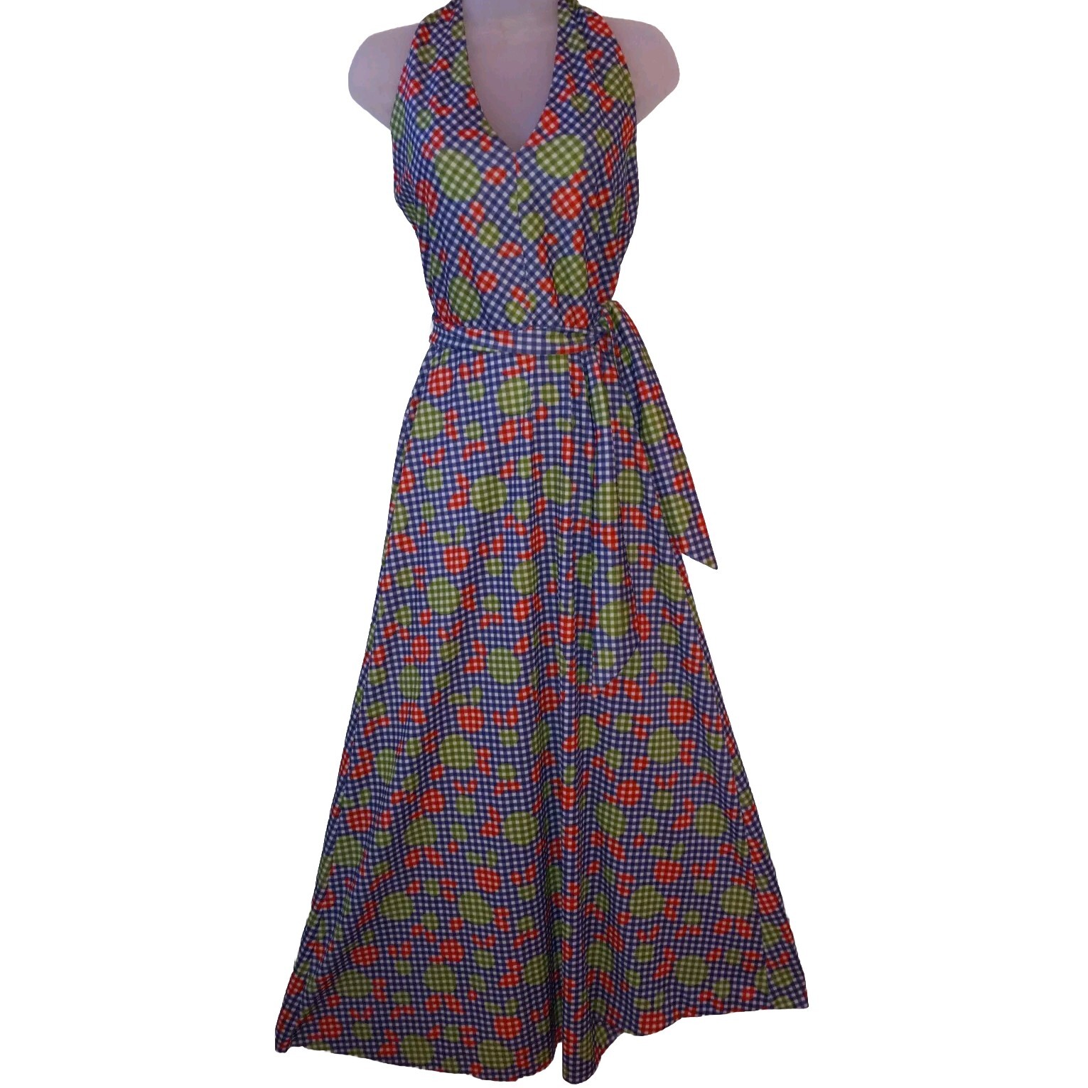 Vintage 70s Jonathan Logan Hippie Groovy Apple Polka-dot Halter Maxi Dress S/M