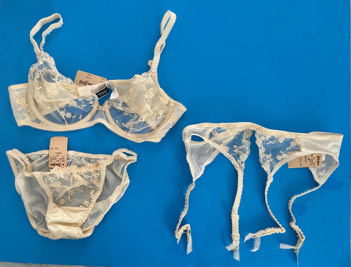 CHRISTIAN DIOR INTIMATES VTG SHEER LACY BRA 36B, PANTY S, GARTER BELT M-NudeNWT