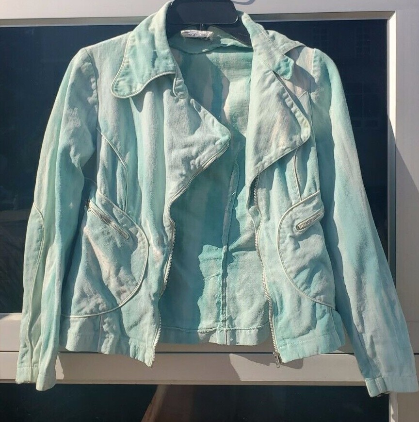 Vintage RONCELLI 60s 70s AQUA Blue White TIE DYE Zippers Pockets Jacket Cotton S