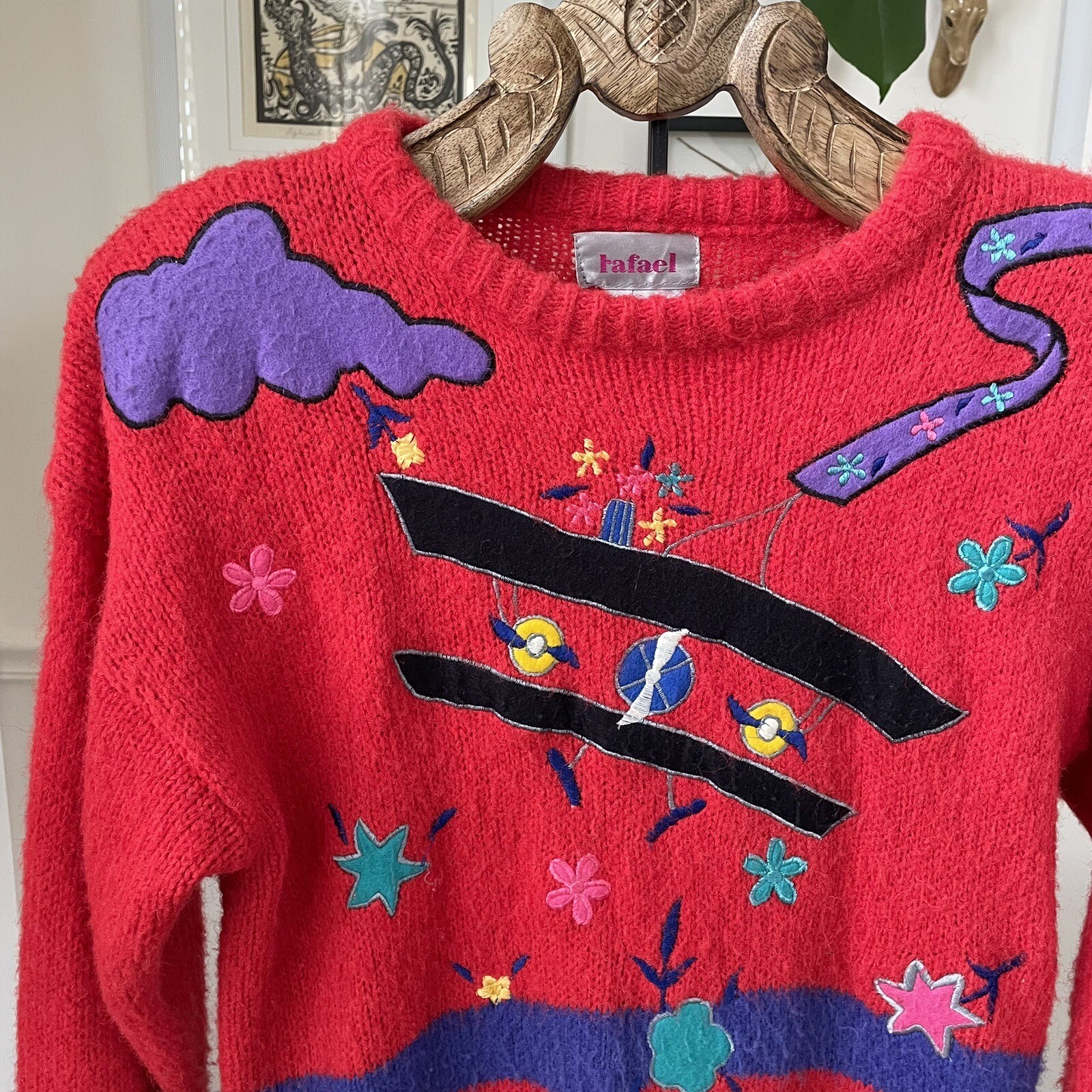 Vintage 80s 1980s Rafael Acrylic Mohair Biplane Airplane Novelty Sweater M