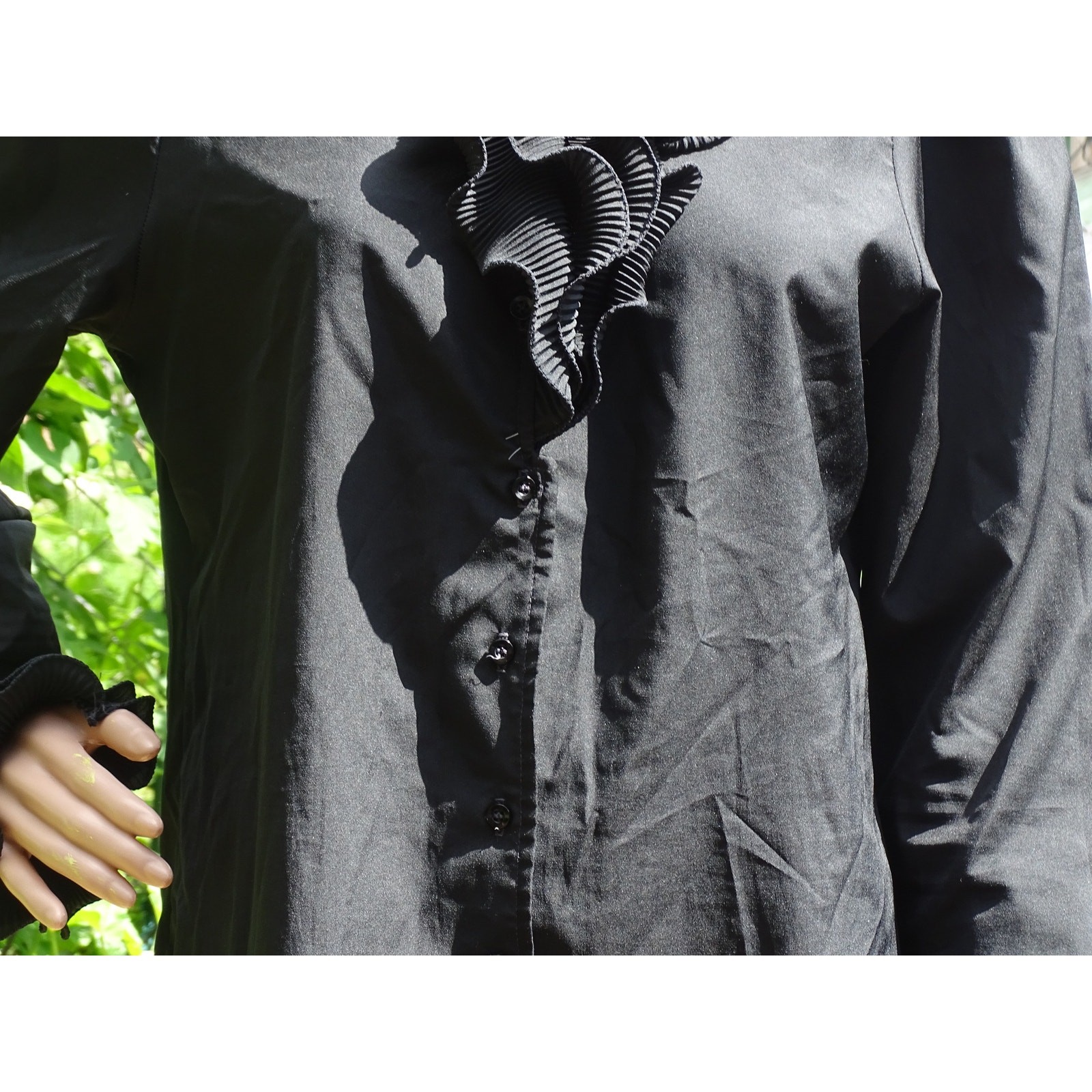 Rhoda Lee Vintage Black Ruffle Blouse Long Sleeve Button Up Gothic Victorian L